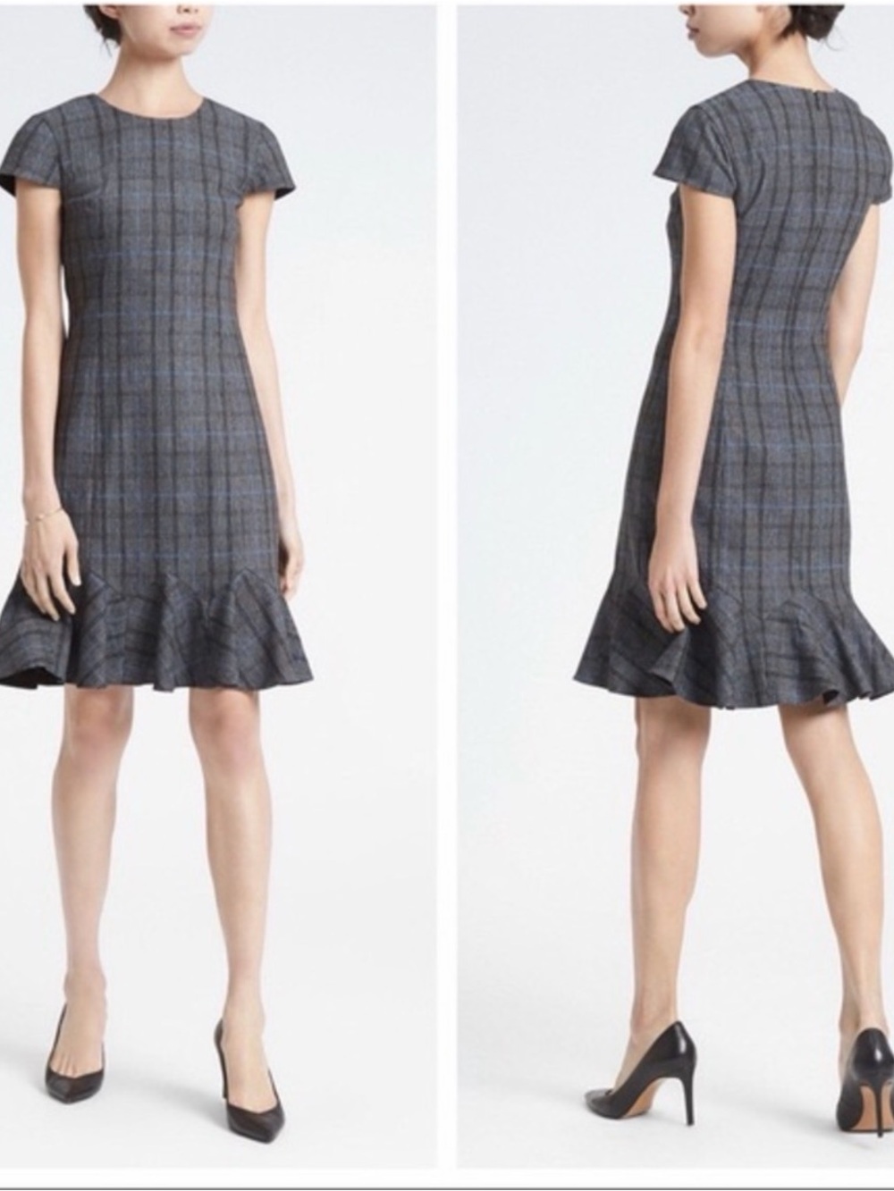 Banana Republic Plaid Fit & Flare Dress | Gray Blue Black | Size 4, Office Chic